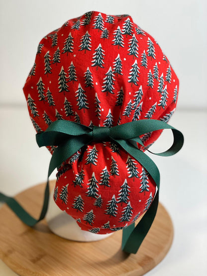 Red Christmas Tree Ponytail Scrub Cap: Rifle Paper Co. Fabric