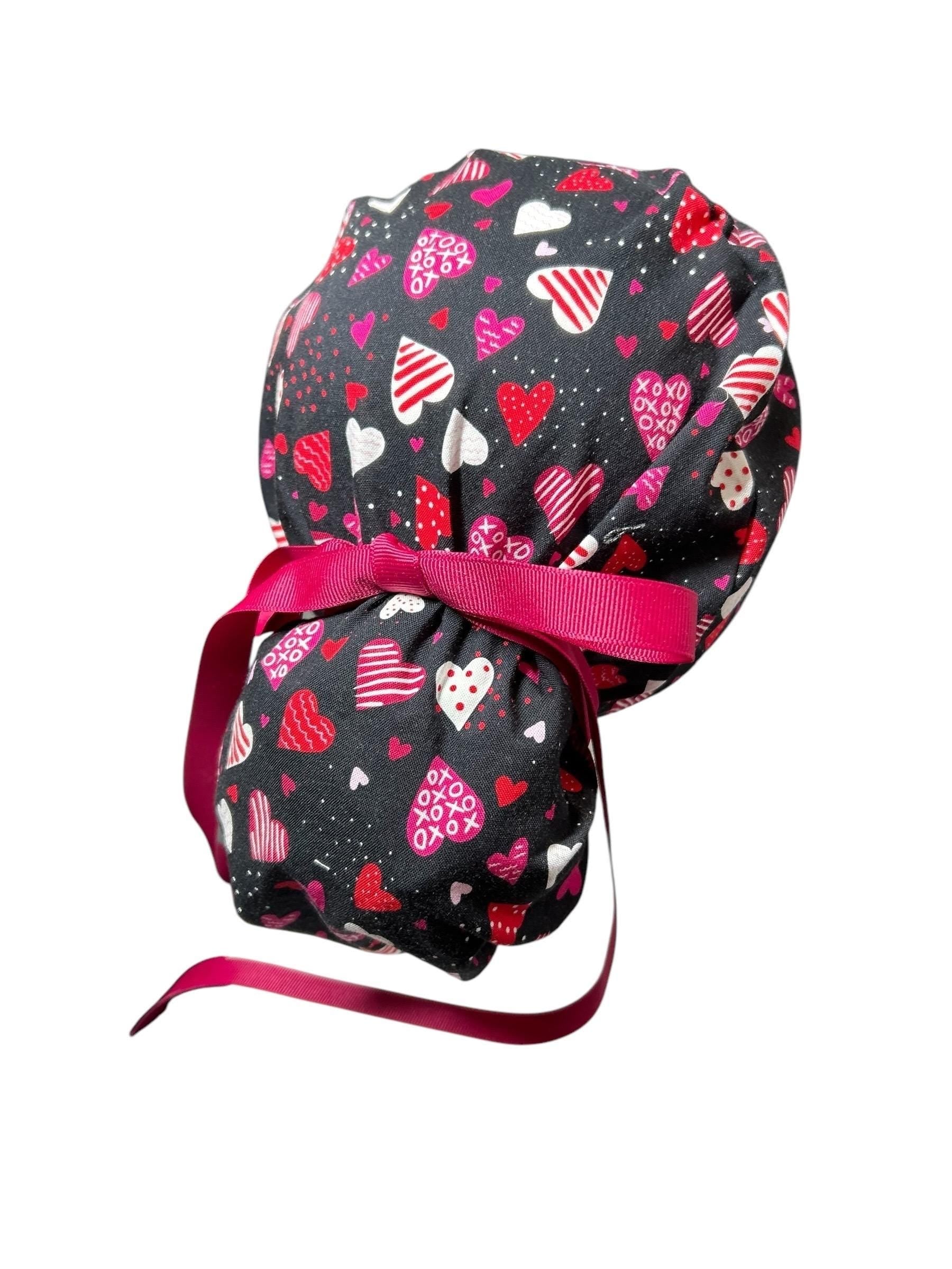 Valentine's Day Ponytail Scrub Cap: Pink Heart Print Gift for Nurses