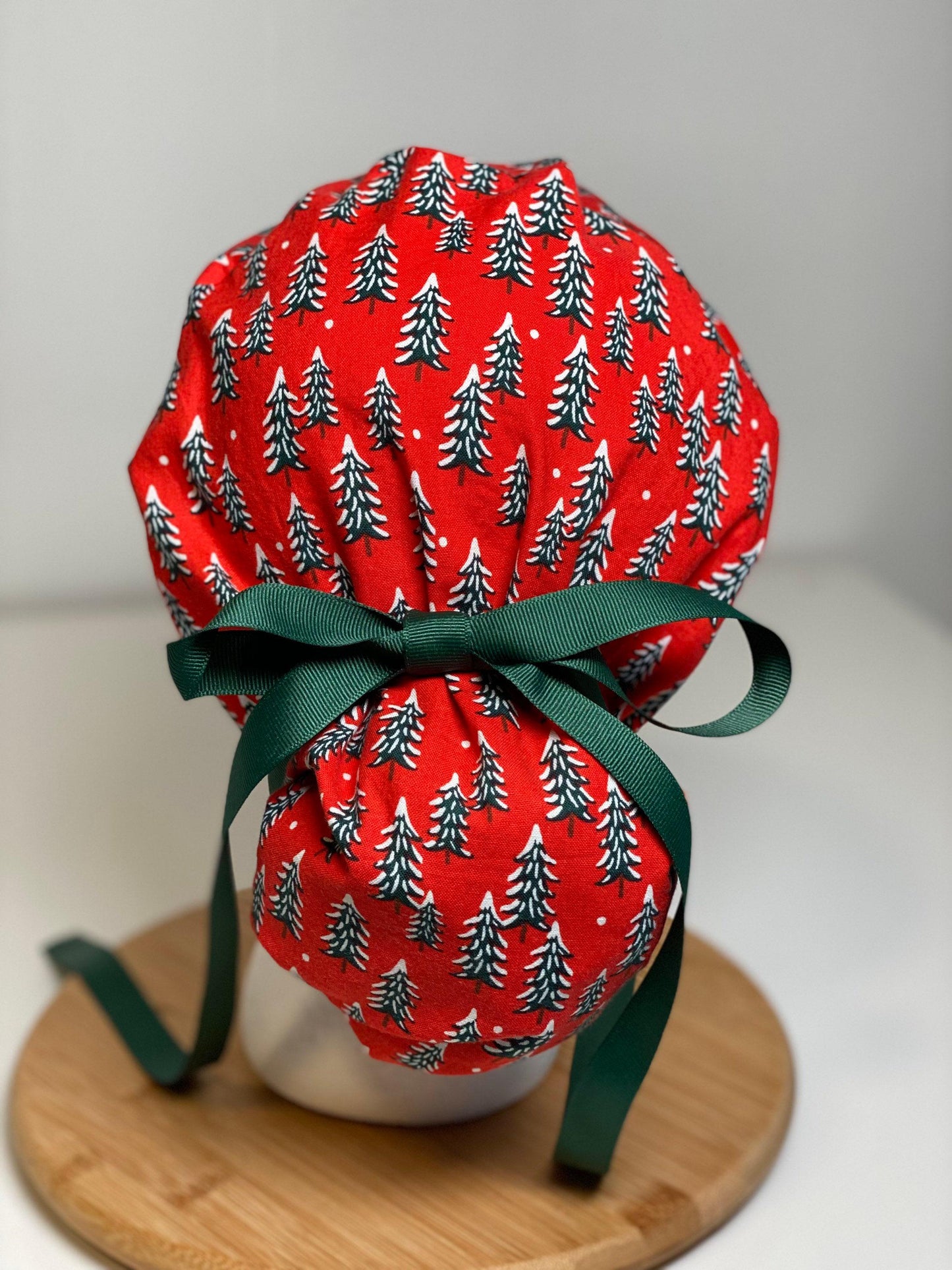 Red Christmas Tree Ponytail Scrub Cap: Rifle Paper Co. Fabric