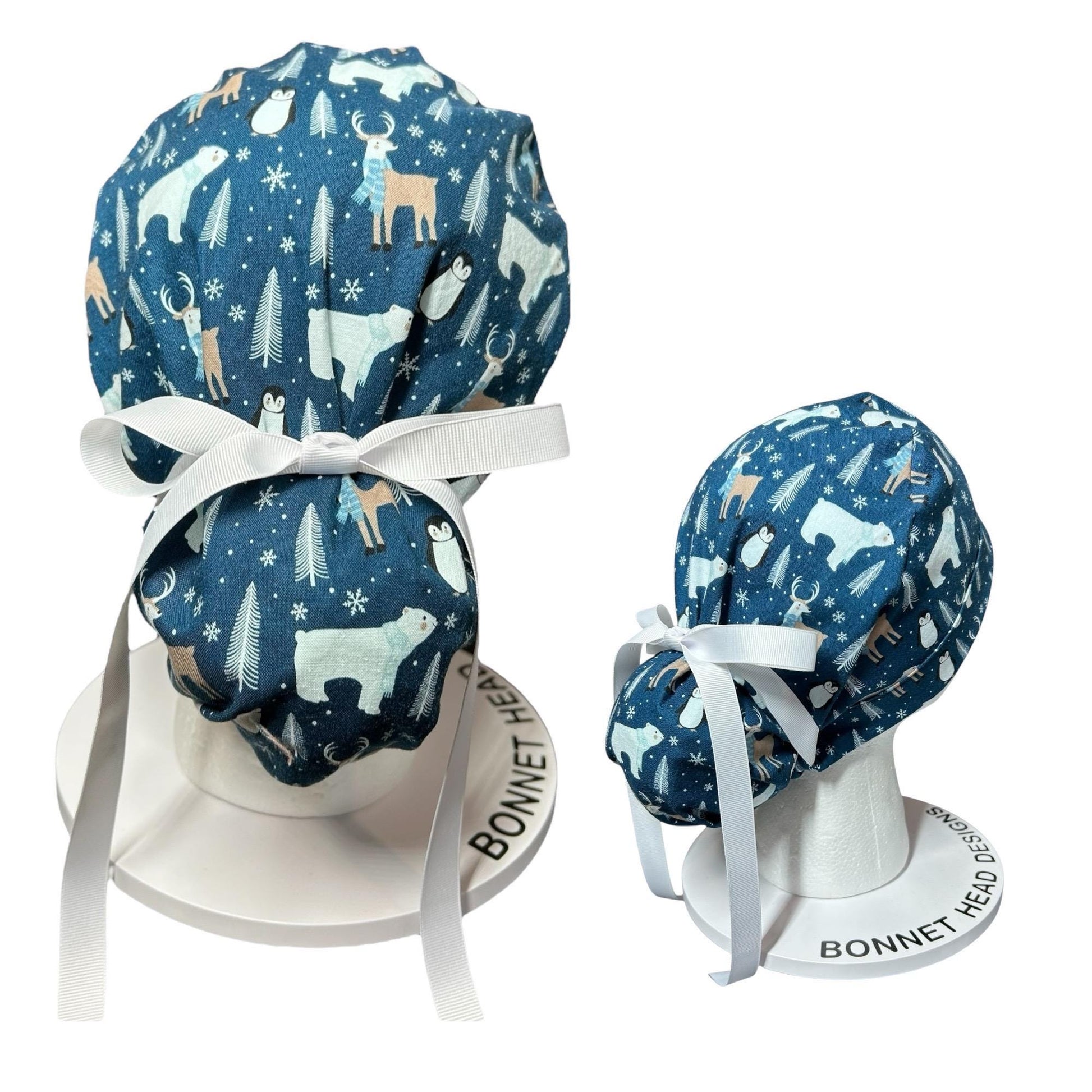 Winter Penguin Ponytail Scrub Hat: surgical cap with ribbon ties
