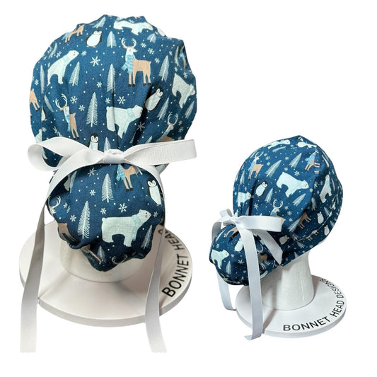 Winter Penguin Ponytail Scrub Hat: surgical cap with ribbon ties