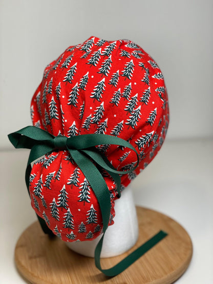 Red Christmas Tree Ponytail Scrub Cap: Rifle Paper Co. Fabric