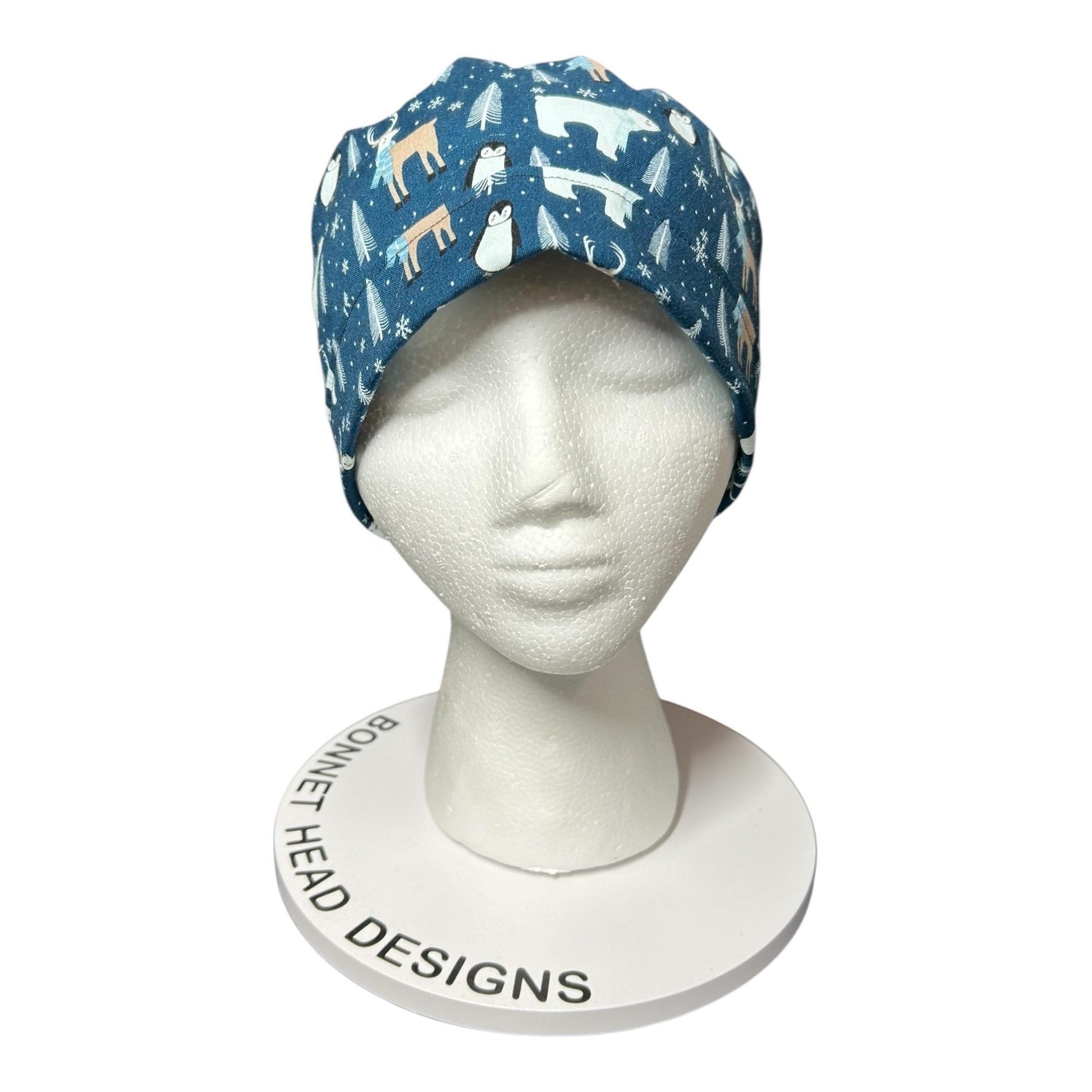 Winter Penguin Ponytail Scrub Hat: surgical cap with ribbon ties