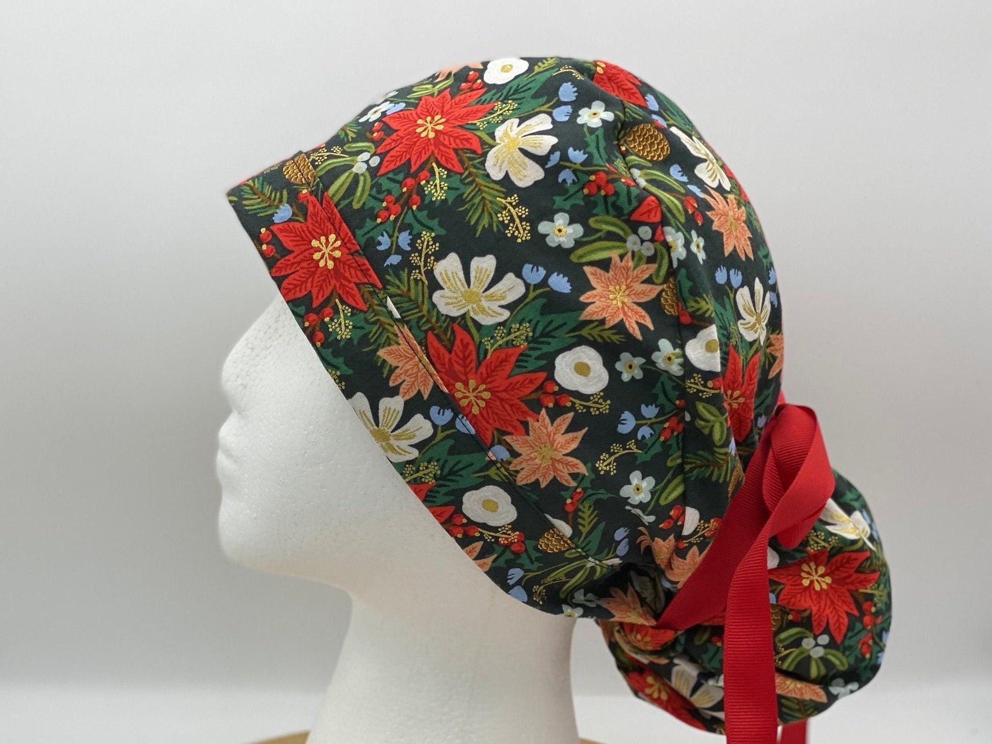 Rifle Paper Co Christmas fabric red and green poinsettias scrub cap, Holiday Classics Christmas floral women’s scrub hat