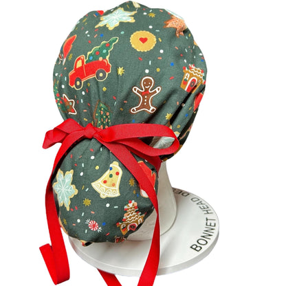 Christmas Cookies Ponytail Scrub Cap: Rifle Paper co fabric with satin lining option