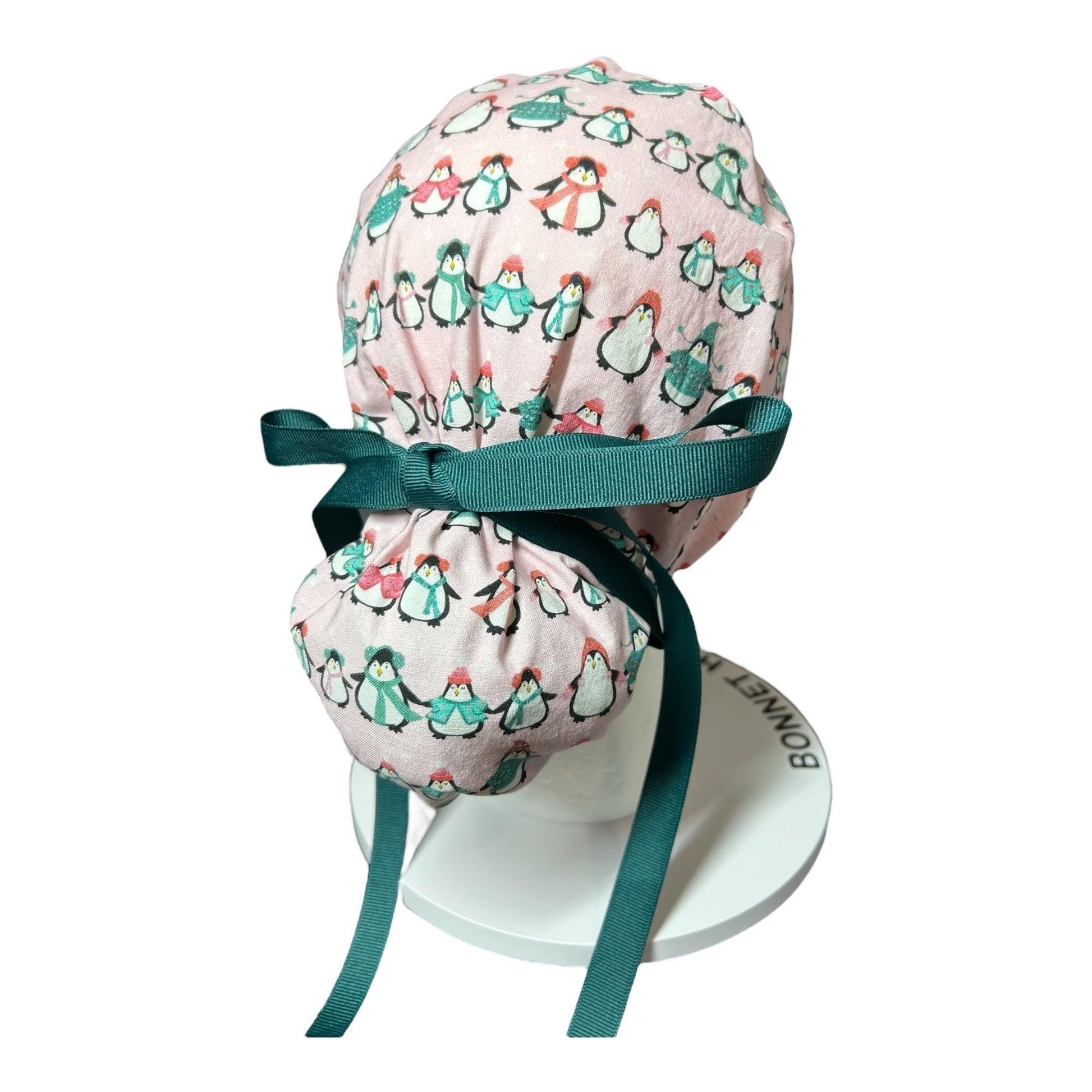 Chilly Penguins Scrub Cap: Winter Ponytail surgical Hat with satin lining option