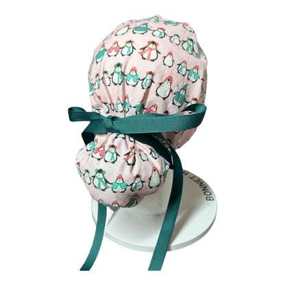 Chilly Penguins Scrub Cap: Winter Ponytail surgical Hat with satin lining option