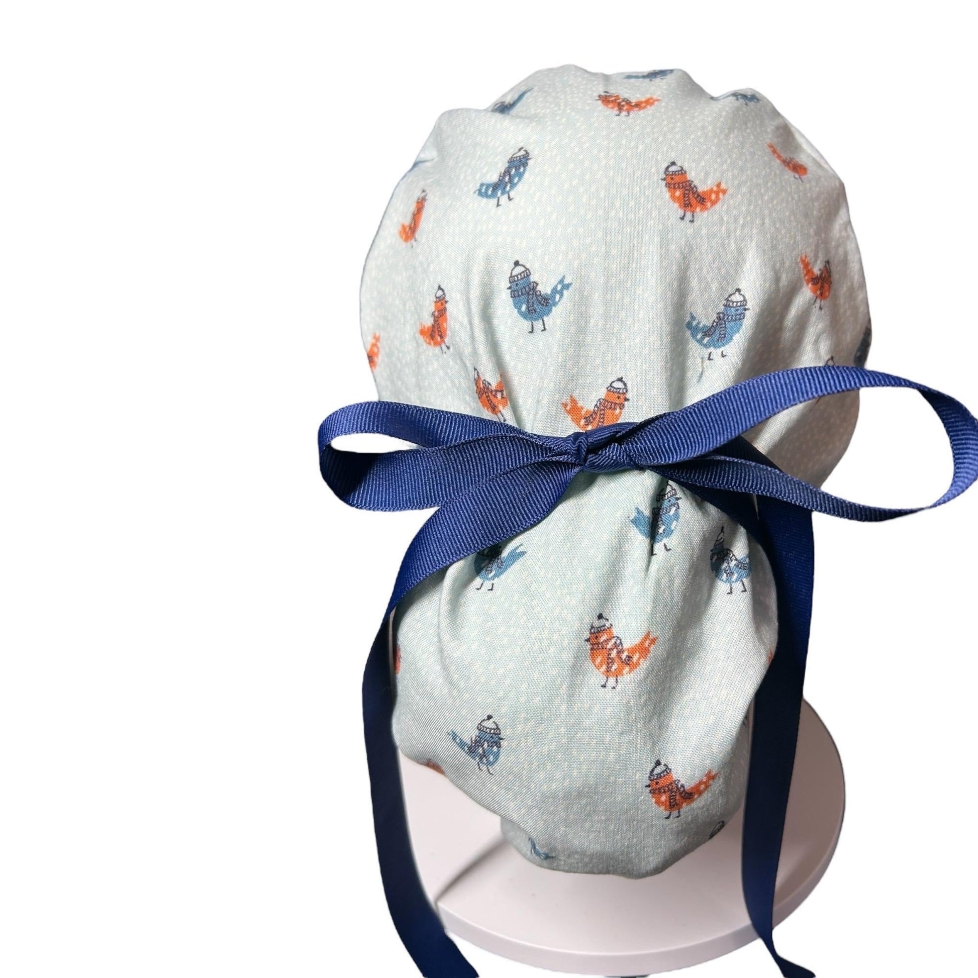 Winter Snow Birds Ponytail Scrub Cap: Women's Cinch Tie Hat