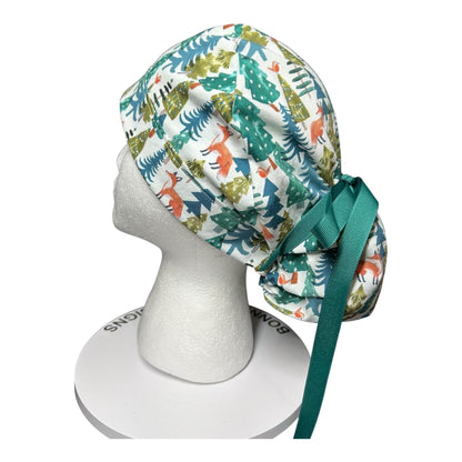 Winter Fox Ponytail Scrub Cap: Ribbon cinch ties