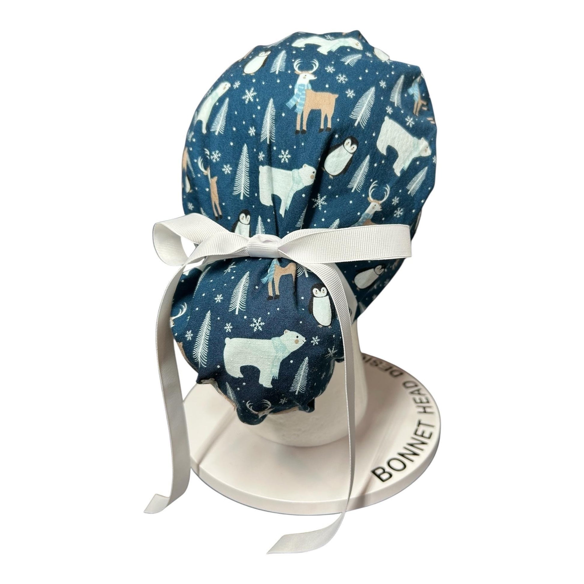 Winter Penguin Ponytail Scrub Hat: surgical cap with ribbon ties