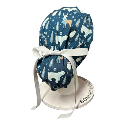 Winter Penguin Ponytail Scrub Hat: surgical cap with ribbon ties