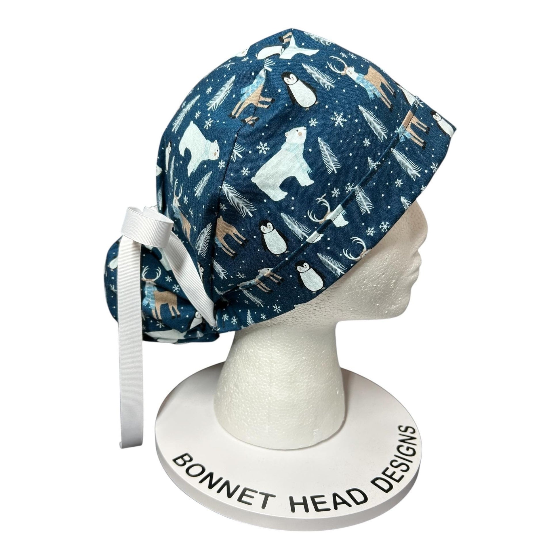 Winter Penguin Ponytail Scrub Hat: surgical cap with ribbon ties