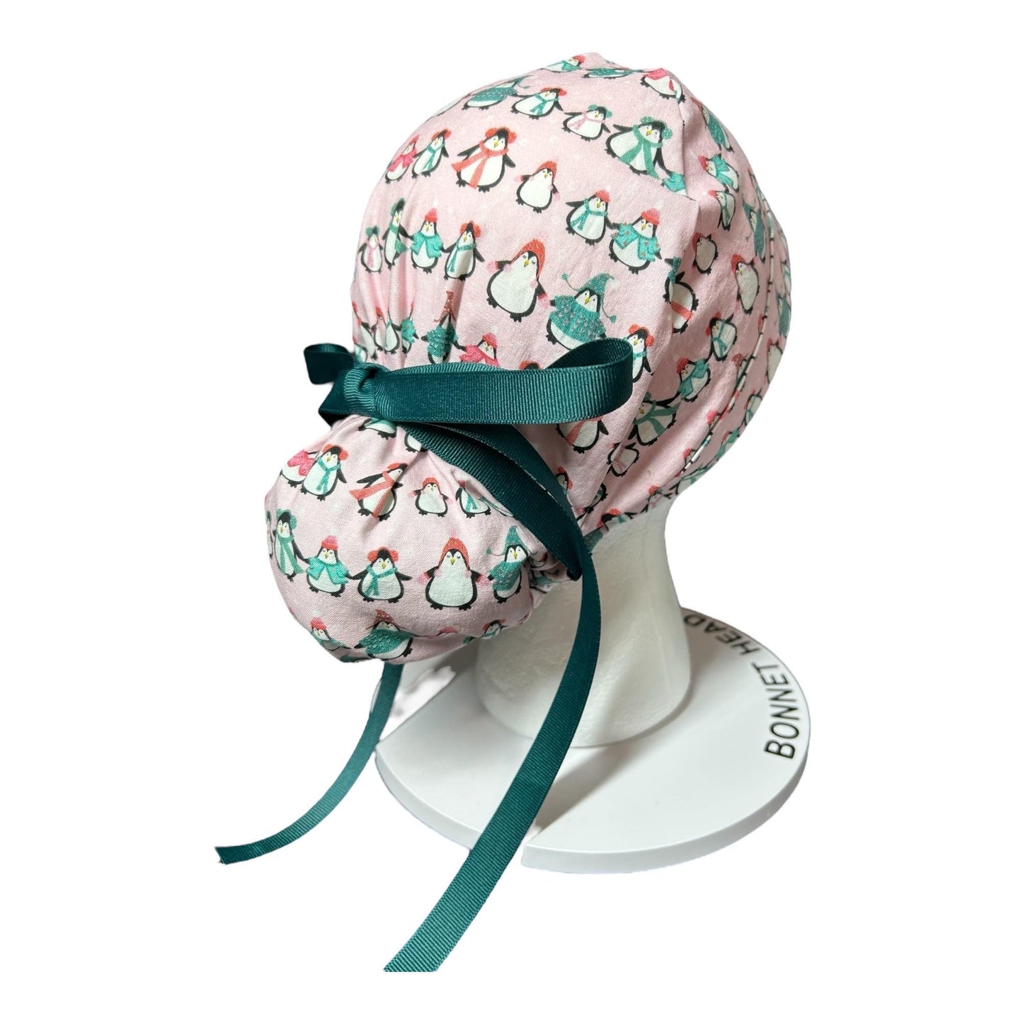 Chilly Penguins Scrub Cap: Winter Ponytail surgical Hat with satin lining option