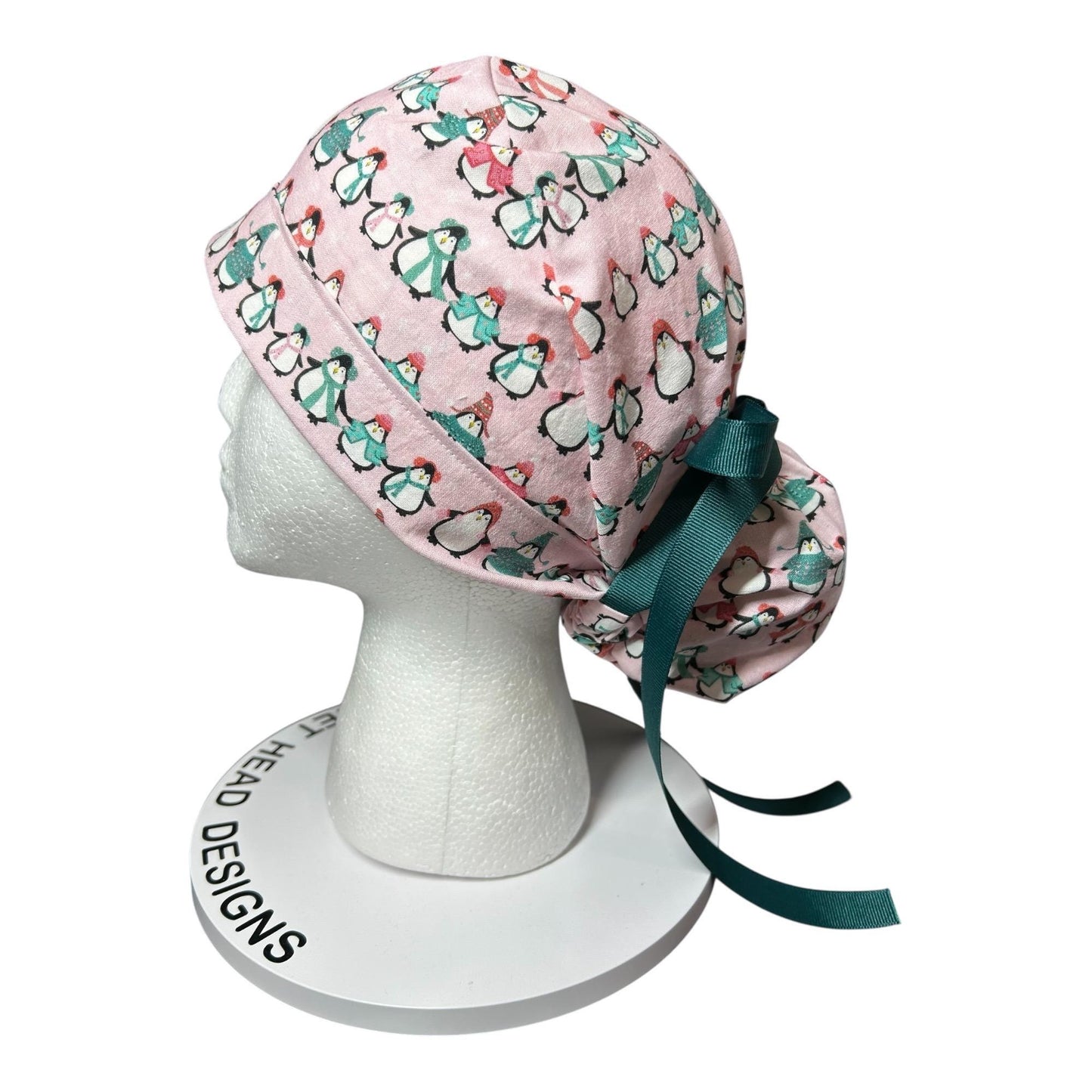 Chilly Penguins Scrub Cap: Winter Ponytail surgical Hat with satin lining option