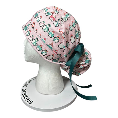 Chilly Penguins Scrub Cap: Winter Ponytail surgical Hat with satin lining option