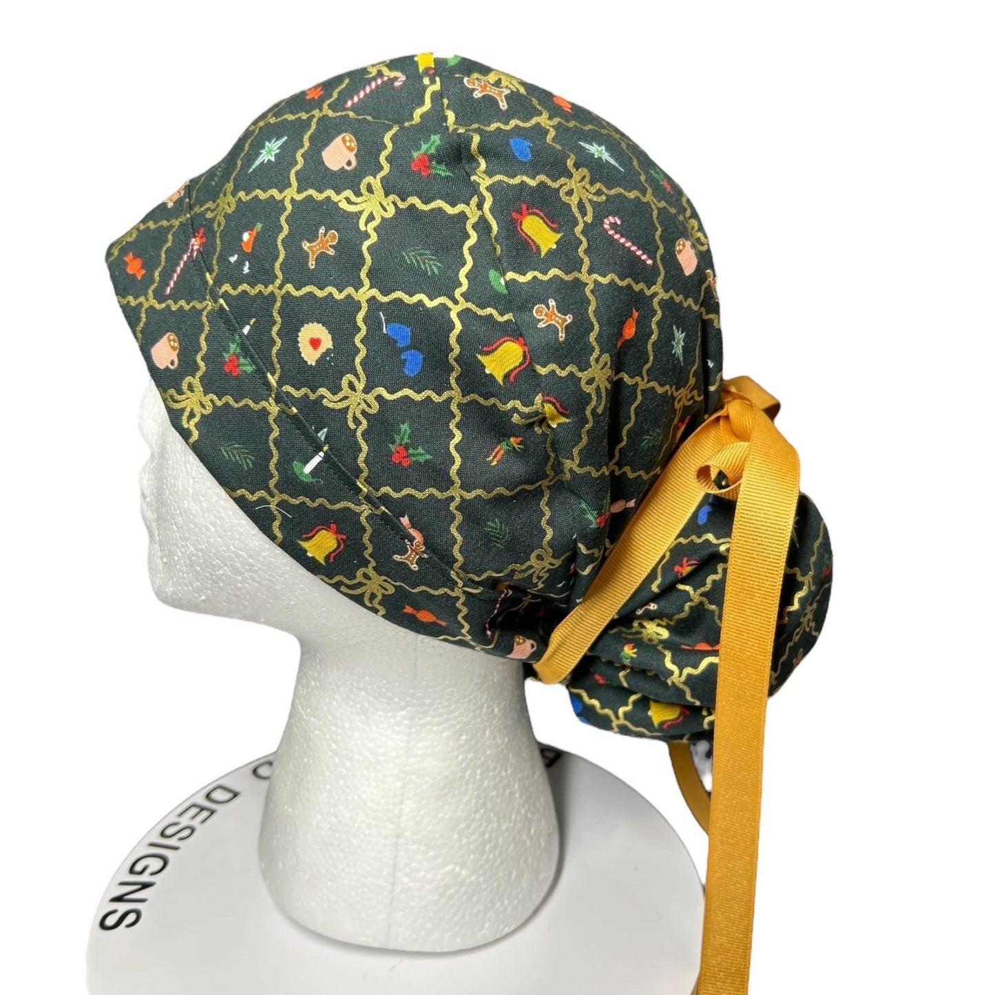 Rifle Paper Co. Christmas Argyle Ponytail Scrub Cap with Ribbon Ties