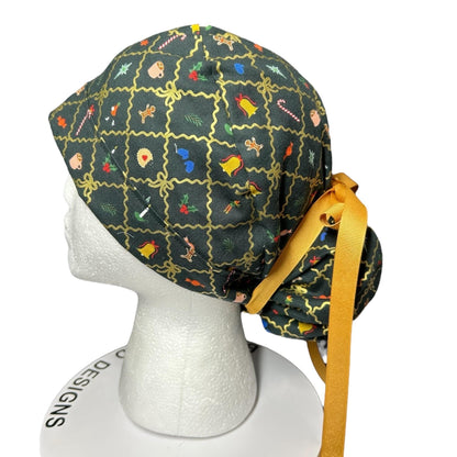Rifle Paper Co. Christmas Argyle Ponytail Scrub Cap with Ribbon Ties