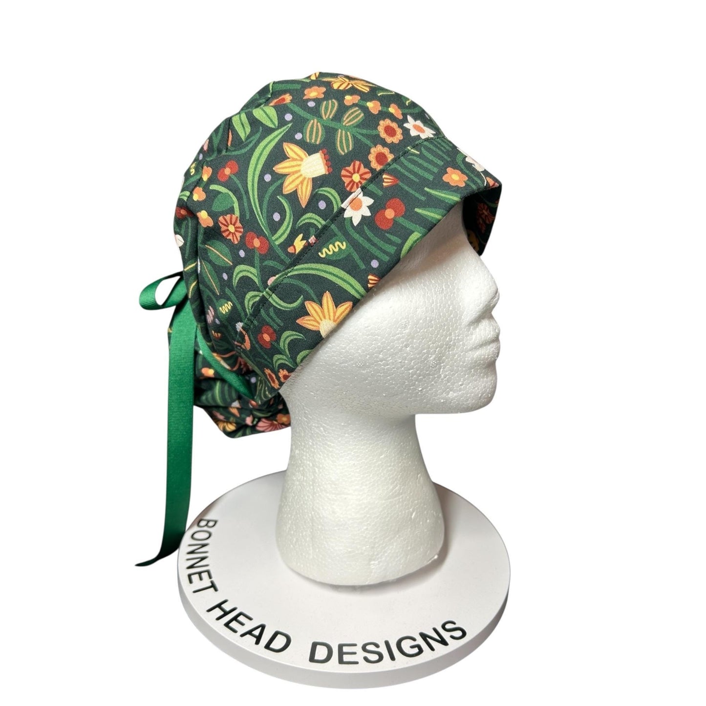 Floral Scrub Hat: Green Spring Fabric, Bun/Ponytail Style