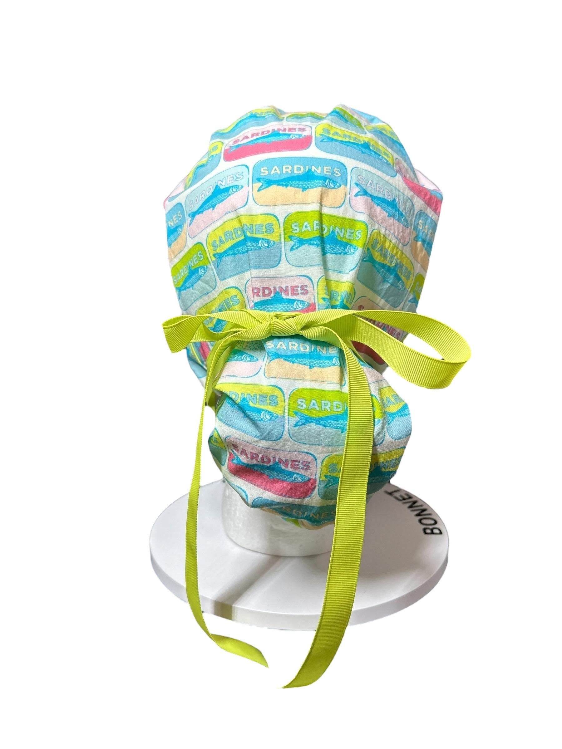 Sardines Print Ponytail Scrub Cap with ribbon ties