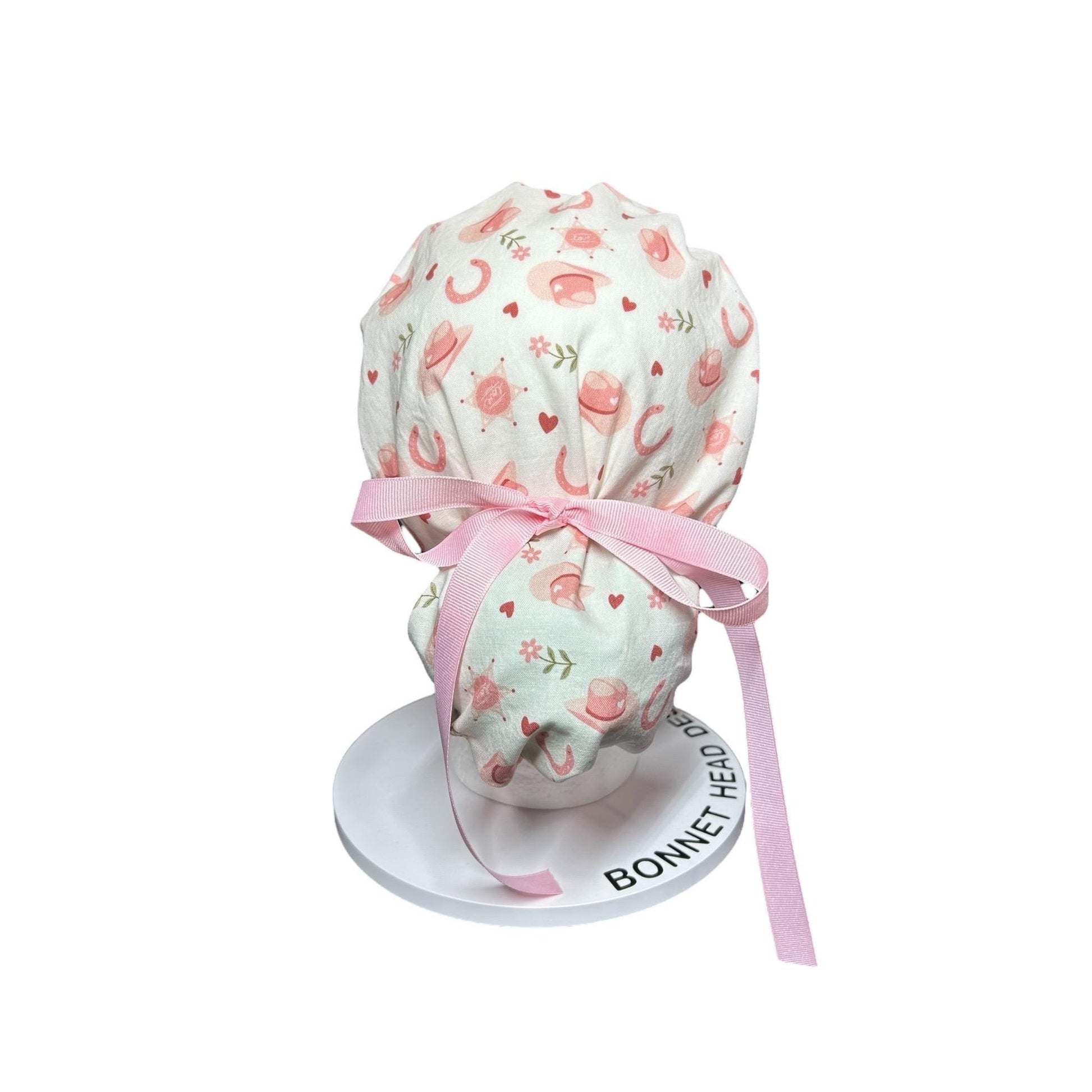 Cowgirl Scrub Cap: Organic Cotton Ponytail Hat with Pink Ribbon