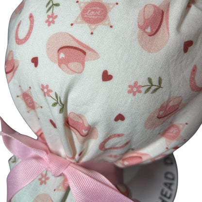 Cowgirl Scrub Cap: Organic Cotton Ponytail Hat with Pink Ribbon