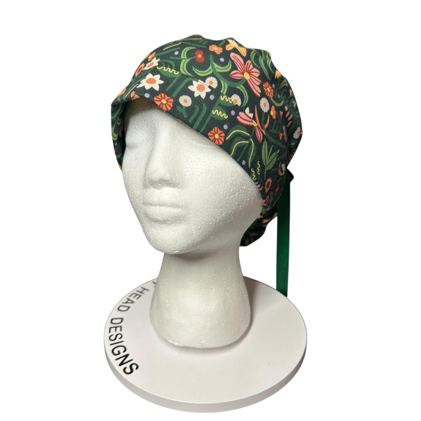Floral Scrub Hat: Green Spring Fabric, Bun/Ponytail Style