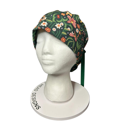 Floral Scrub Hat: Green Spring Fabric, Bun/Ponytail Style