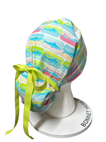 Sardines Print Ponytail Scrub Cap with ribbon ties