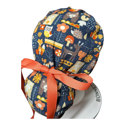 Navy Fall Animal Print Ponytail Scrub Cap: Adjustable Pocket