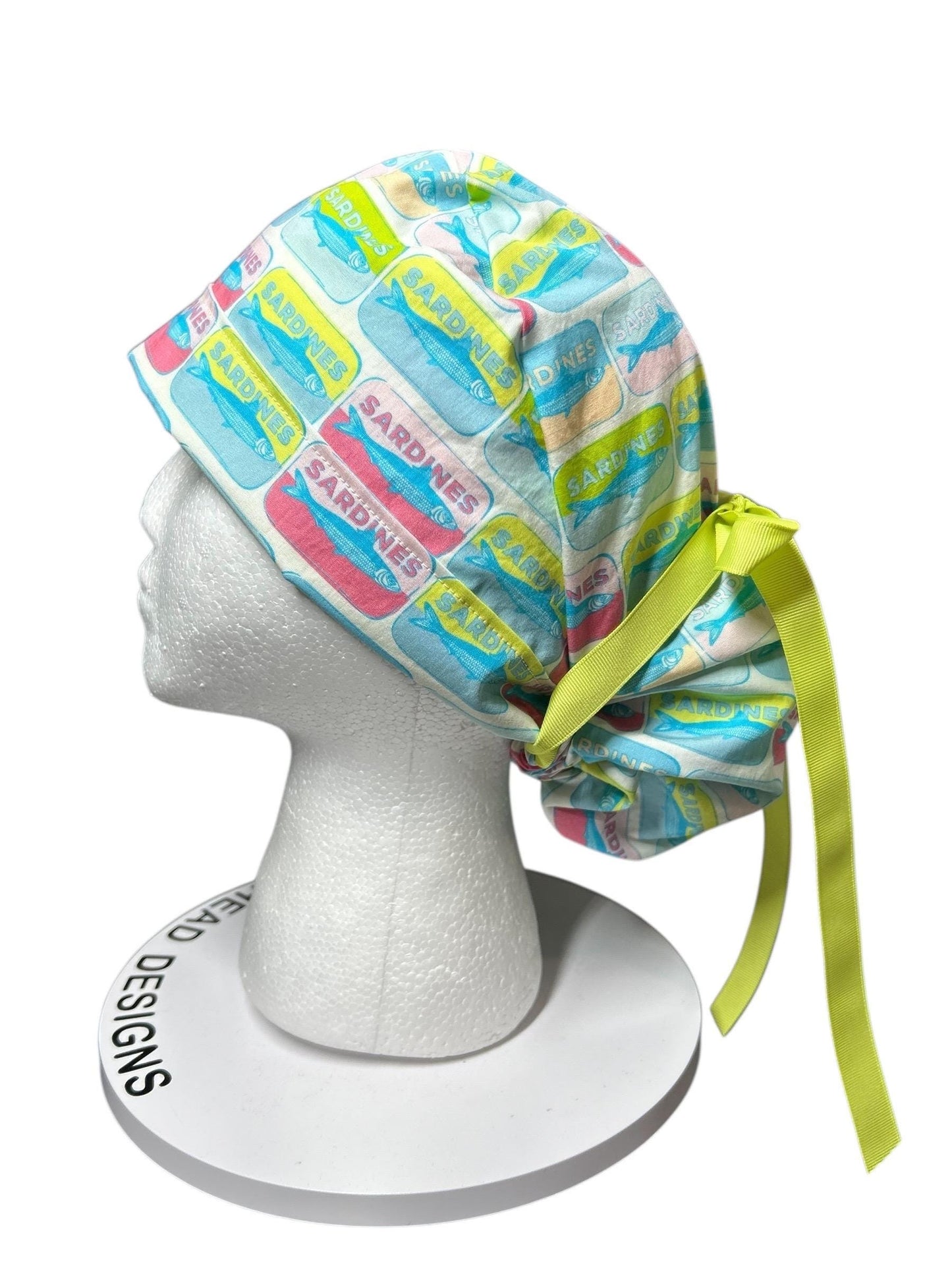 Sardines Print Ponytail Scrub Cap with ribbon ties