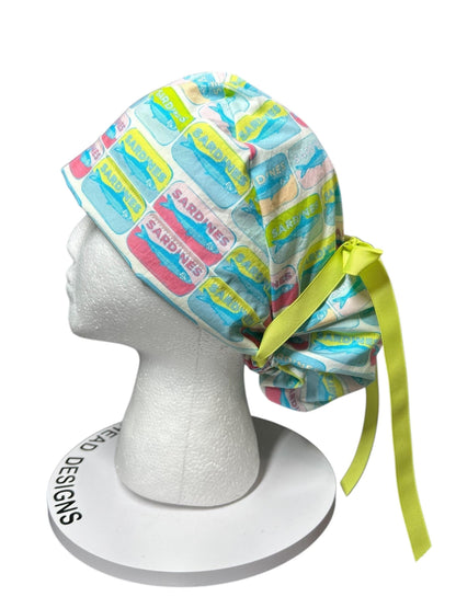 Sardines Print Ponytail Scrub Cap with ribbon ties