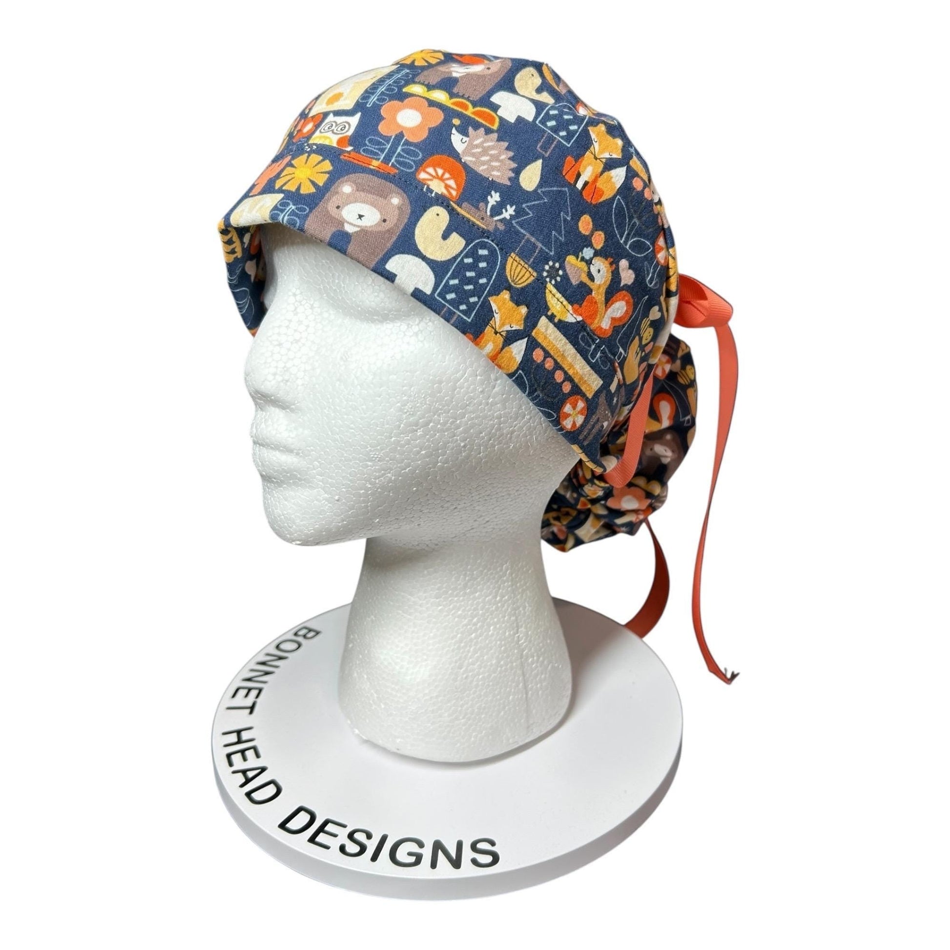 Navy Fall Animal Print Ponytail Scrub Cap: Adjustable Pocket