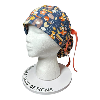 Navy Fall Animal Print Ponytail Scrub Cap: Adjustable Pocket