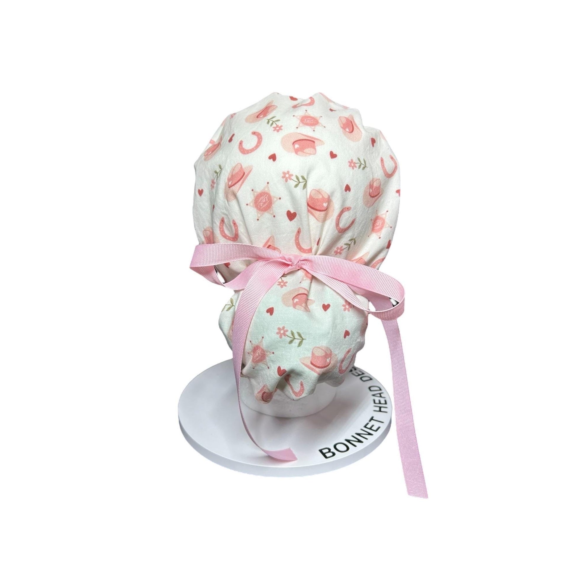 Cowgirl Scrub Cap: Organic Cotton Ponytail Hat with Pink Ribbon
