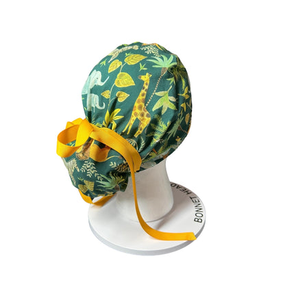 Jungle Print Ponytail Scrub Cap for long hair, satin lining option