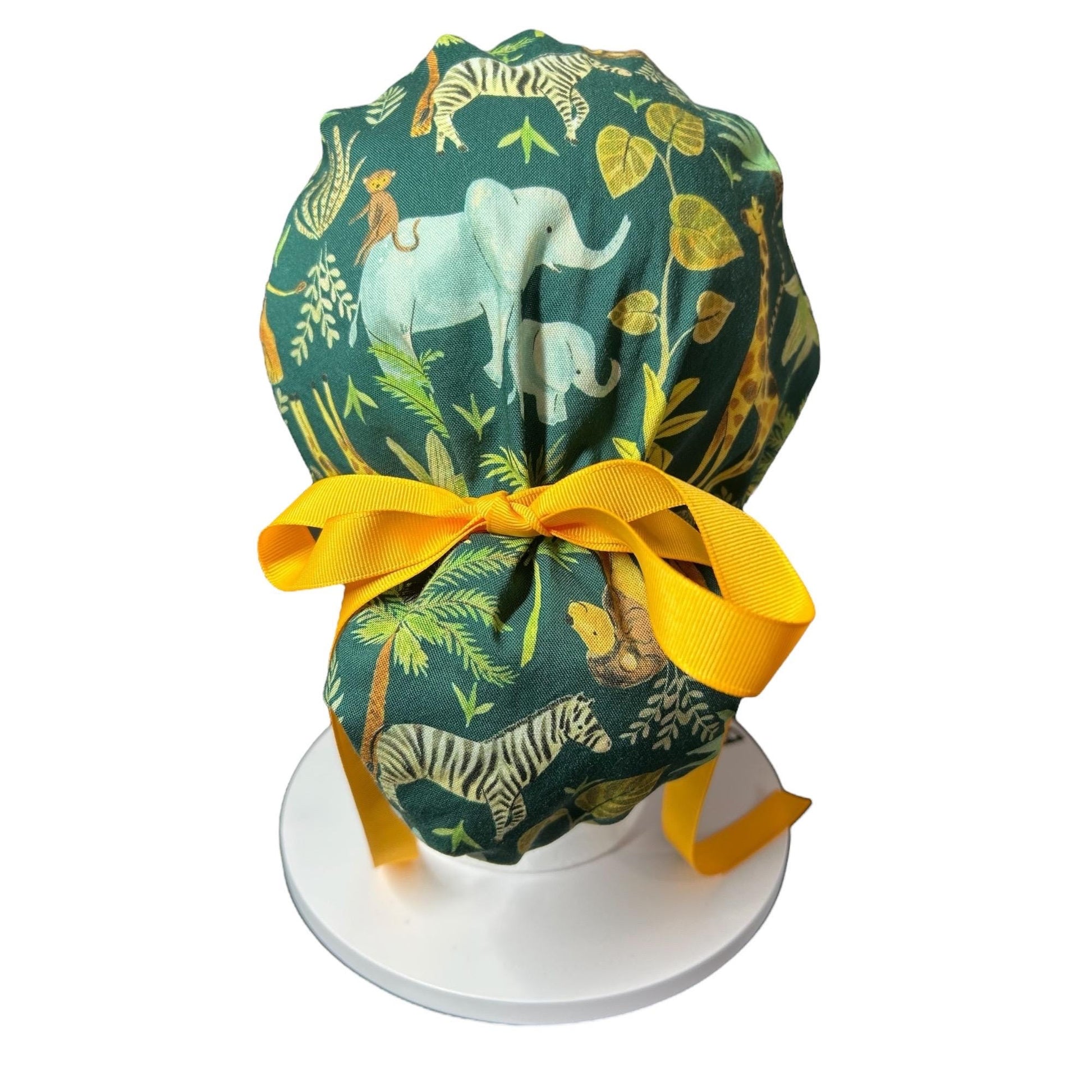 Jungle Print Ponytail Scrub Cap for long hair, satin lining option