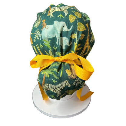 Jungle Print Ponytail Scrub Cap for long hair, satin lining option