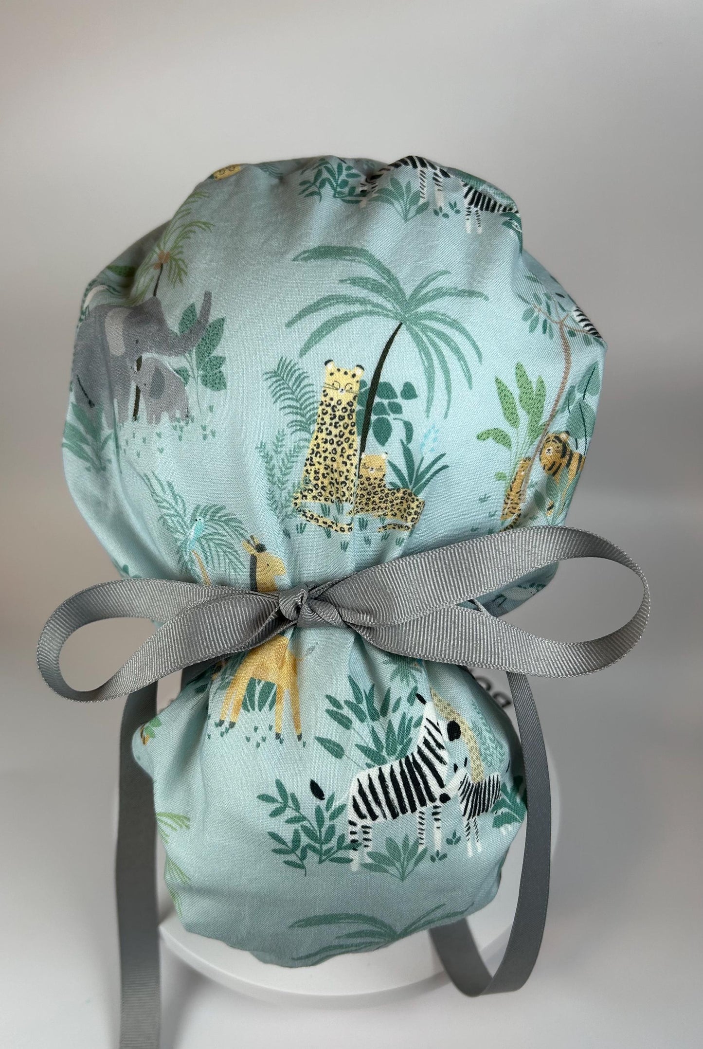 Jungle print ponytail scrub hat, elephant and giraffe print surgical cap, Bonnet Head Designs