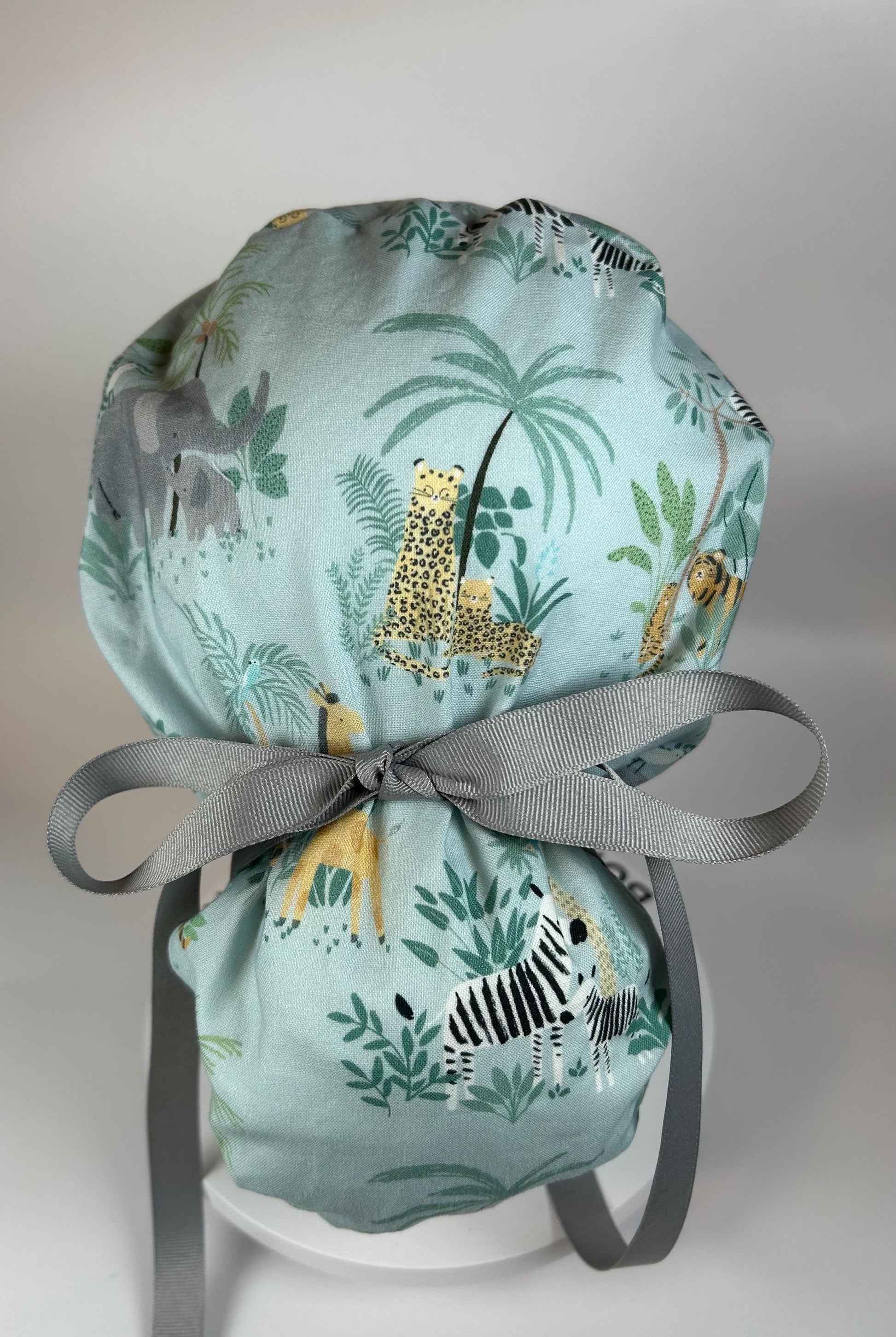 Jungle print ponytail scrub hat, elephant and giraffe print surgical cap, Bonnet Head Designs