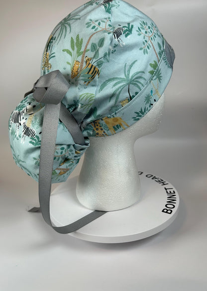 Jungle print ponytail scrub hat, elephant and giraffe print surgical cap, Bonnet Head Designs