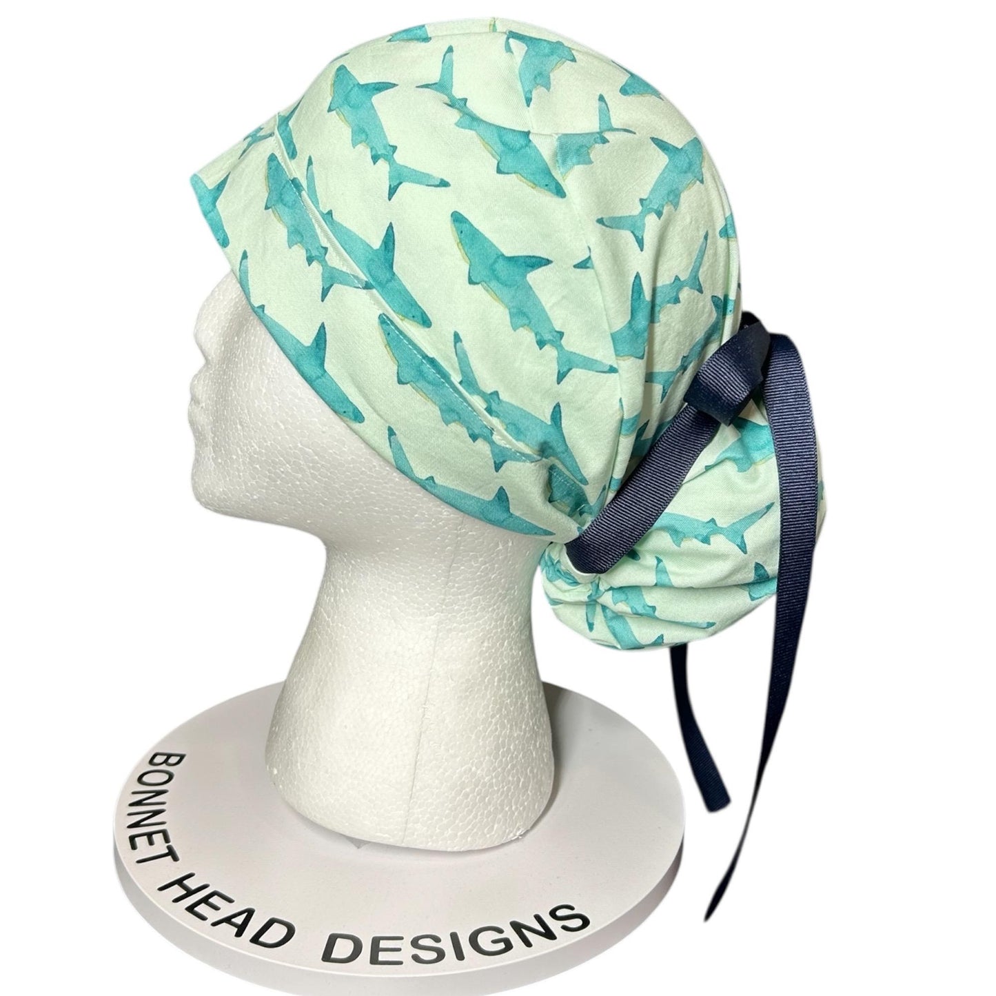 Shark Print Ponytail Scrub Cap- scrub hat with ribbon ties and optional satin lining