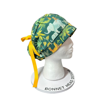Jungle Print Ponytail Scrub Cap for long hair, satin lining option