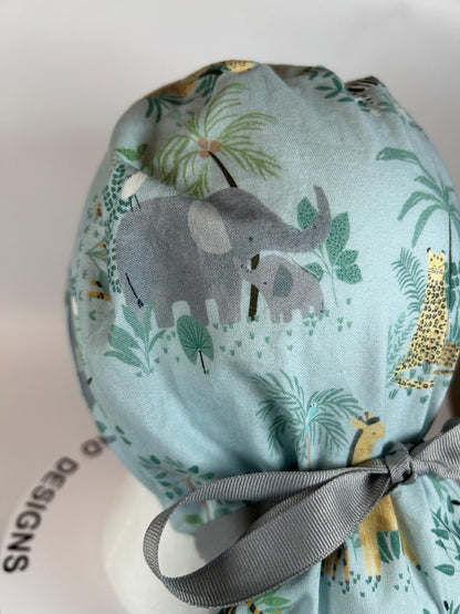 Jungle print ponytail scrub hat, elephant and giraffe print surgical cap, Bonnet Head Designs
