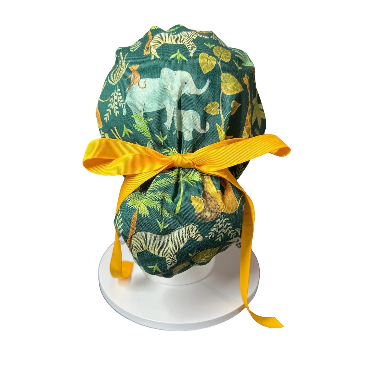 Jungle Print Ponytail Scrub Cap for long hair, satin lining option
