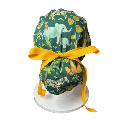 Jungle Print Ponytail Scrub Cap for long hair, satin lining option