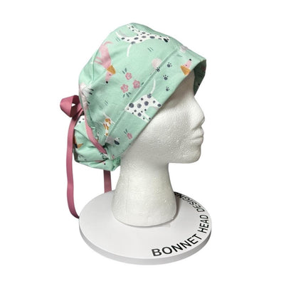Mint green Dog Print Ponytail Scrub Cap - Nurse Surgical Hat with ribbon ties and adjustable pouch