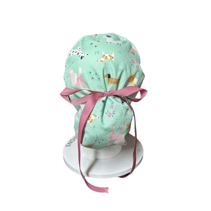 Mint green Dog Print Ponytail Scrub Cap - Nurse Surgical Hat with ribbon ties and adjustable pouch