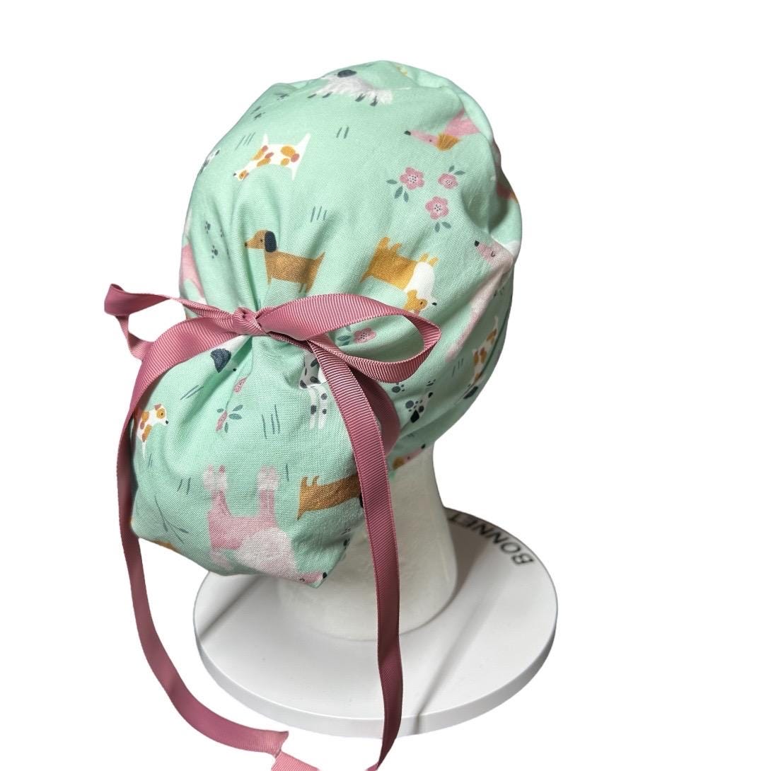 Mint green Dog Print Ponytail Scrub Cap - Nurse Surgical Hat with ribbon ties and adjustable pouch