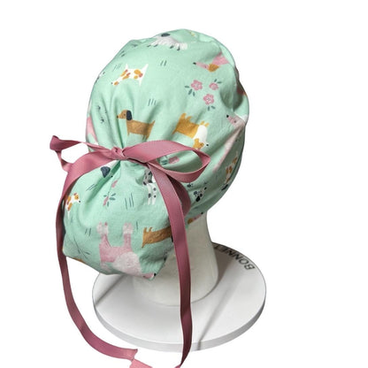 Mint green Dog Print Ponytail Scrub Cap - Nurse Surgical Hat with ribbon ties and adjustable pouch