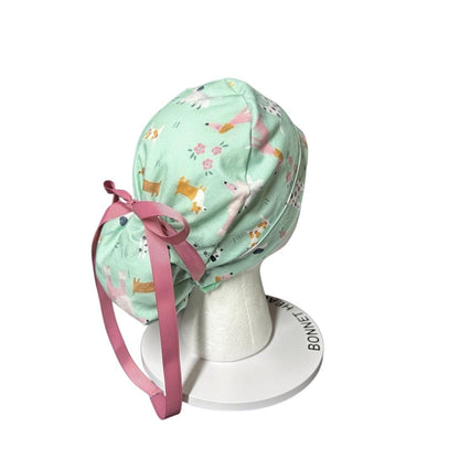 Mint green Dog Print Ponytail Scrub Cap - Nurse Surgical Hat with ribbon ties and adjustable pouch